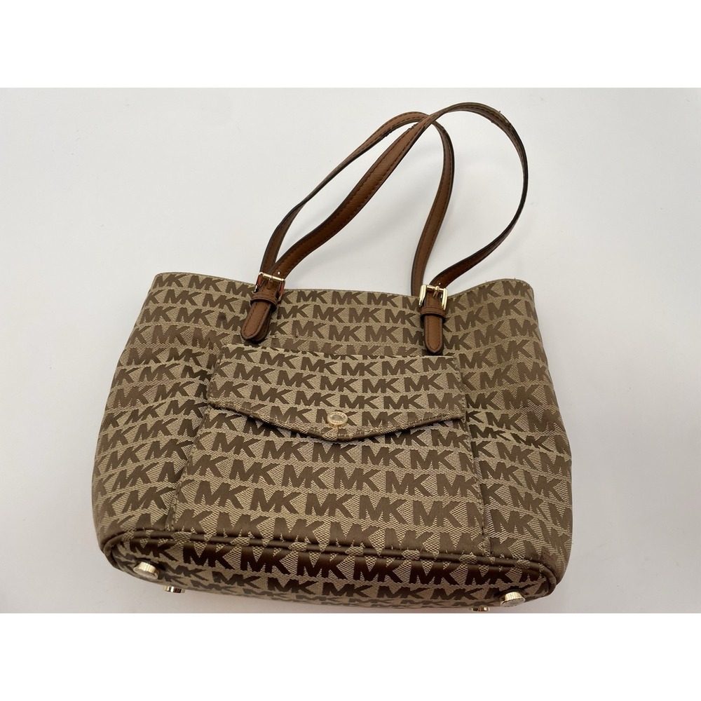 Michael Kors Signature Monogram Tote Handbag Satchel Shoulder Bag Light Brown